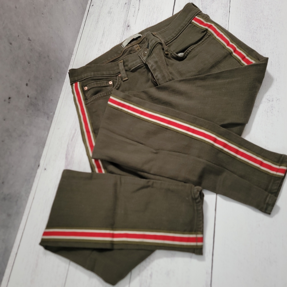 Olive Green Ankle Jeans with Red Stripe Detail - Women